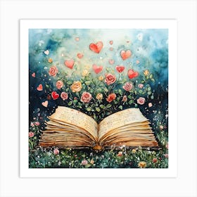 Watercolor Romantic Book Roses Hearts 2 Art Print