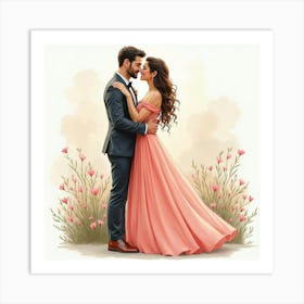 Spanish Couple In A Romantic Embrace, Watercolor Soft Hues And Shadows 1 Art Print