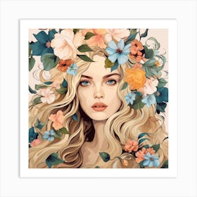 Girl With Flowers In Her Hair Art Print