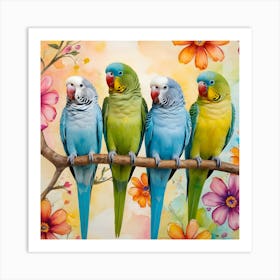 Adorable Budgerigars Perched On A Branch Art Print