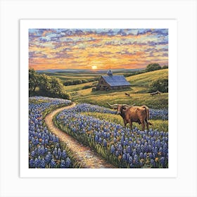 Sunset In The Bluebonnets 1 Art Print