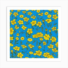 Yellow Flowers On Blue Background 1 Art Print