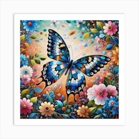 Colourful Butterfly Painting with Flowers II Art Print