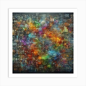 A colorful, abstract background featuring mathematical equations and shapes. Art Print