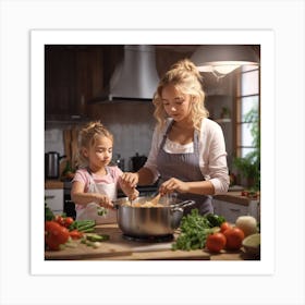 Photo Mother And Daughter Cooking At The 2 Art Print
