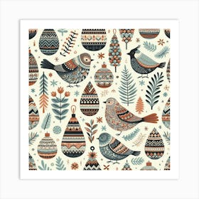 Scandinavian style, pattern with cones and birds Art Print