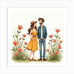 Stylish Couple In Watercolor Fashion, Blooming Garden 1 Art Print