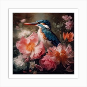 Kingfisher And Flowers Art Print