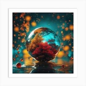 A Colorful Painting With A Red Pine, In The Style Of Luminous Spheres, Dark Yellow And Turquoise, Wa Art Print