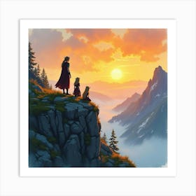 Watercolor Of Elves Watching The Sunrise From A High Mountain Peak Art Print