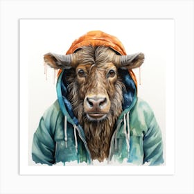 Watercolour Cartoon Wildebeest In A Hoodie 6 Art Print