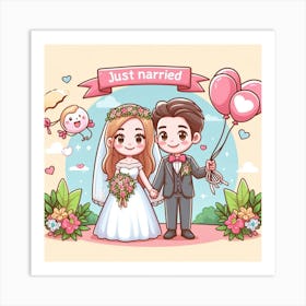 Cartoon Wedding Couple Art Print