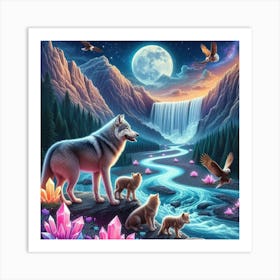 Wolf Family by Crystal Waterfall Under Full Moon and Aurora Borealis 8 Art Print