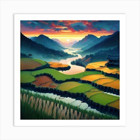 Beautiful views of rice fields, close to the river and surrounded by mountains, 21 Art Print