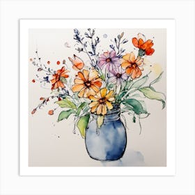 Watercolor Flowers In A Mason Jar Art Print