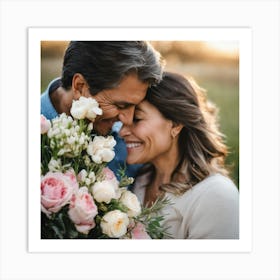 Happy Couple Holding Bouquet Of Flowers Art Print