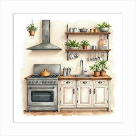 Rustic Kitchen Watercolor Painting, Charming And Fresh 1 Art Print