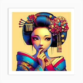 Young Comic Geisha With Toughtful Gesture Color Illustration Poster