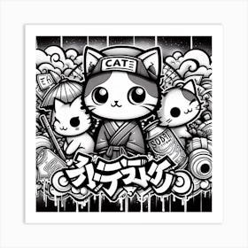 Graffiti Cat Black And White Art Print