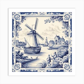 Cornwall England Delft Tile Illustration 4 Art Print