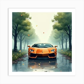 Lamborghini Aventador Surrounded By A Watercolor Misty Forest 1 Art Print