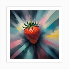 A Single, Red, Glossy Strawberry With A Green Stem And Leaves, Centered Against A Bright, Colorful Background Of Brushstrokes In Pink, Yellow, Blue, And Green Art Print