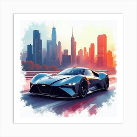 Aston Martin Valkyrie In A Vivid Watercolor City Skyline Setting Art Print