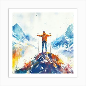 Mountaineer Standing On Top Of Mountain Art Print