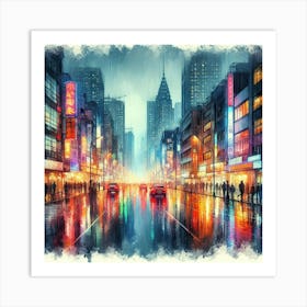 Rain Soaked Cityscape With Neon Lights Reflecting On Wet Pavement (3) Art Print