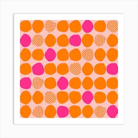 Vibrant Orange And Pink Polka Dot Pattern Square Art Print