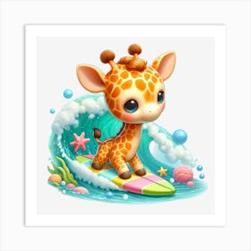 Cute Giraffe Surfing Art Print