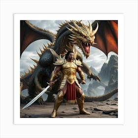 Sparta Warrior And Dragon Art Print