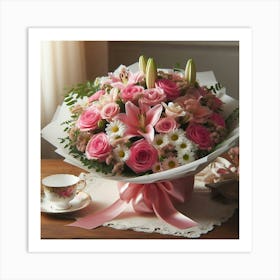 Pink Roses And Lilies Art Print