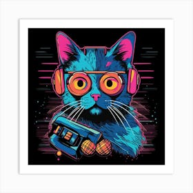 Cat With Headphones Neon Art Print