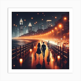 Couple Walking At Night Art Print