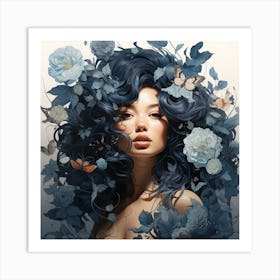 Woman With Blue Hair And Flowers Art Print