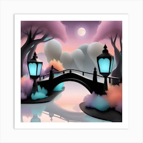 Bridge In The Moonlight Landscape Art Print
