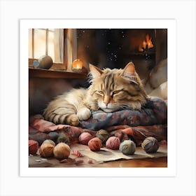 A cat taking a nap in the evening with wool balls scattered around and a warm winter atmosphere 1 Art Print