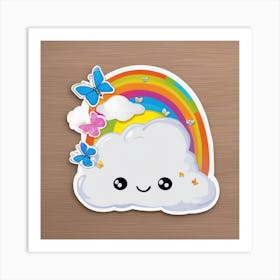 A Cute Rainbow Cloud With Smiling Butterflies Sticker Art Print
