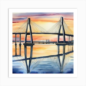 Accurate drawing and description. Sunset over the Arthur Ravenel Jr. Bridge in Charleston. Blue water and sunset reflections on the water. Watercolor.7 Art Print
