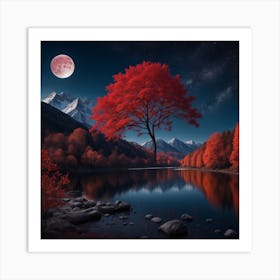 Red Tree By The Lake Art Print