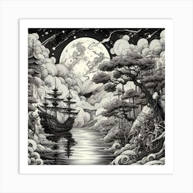 Ship in the moon Art Print