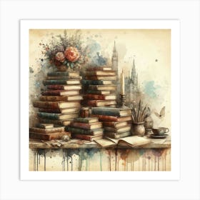 Books And Flowers Art Print