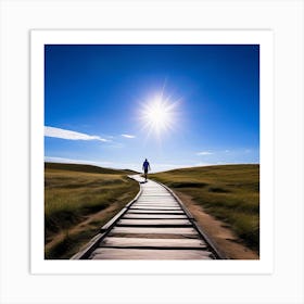 Person Walking On A Wooden Path, Path To The Mountains Art Print