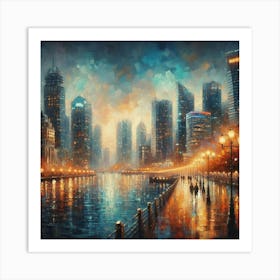 City On The Water At Night Commercial Hotel Art Print