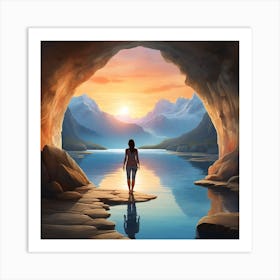 Woman Looking Out Of A Cave Art Print