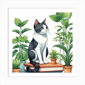 Cat Sitting On Books Art Print