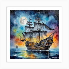 Pirate Ship At Night 1 Art Print