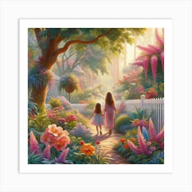 Two Girls Walking In The Garden Art Print