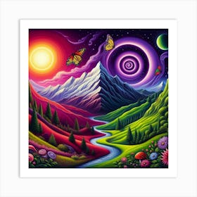 Mountain With Spiral Moon Sun Butterfly Art Print